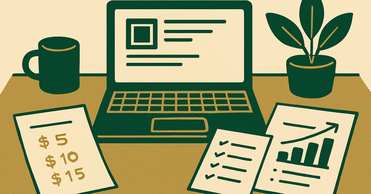 Creator workspace with a laptop showing a draft digital product listing, pricing notes, payout checklist, and marketing plan on a desk